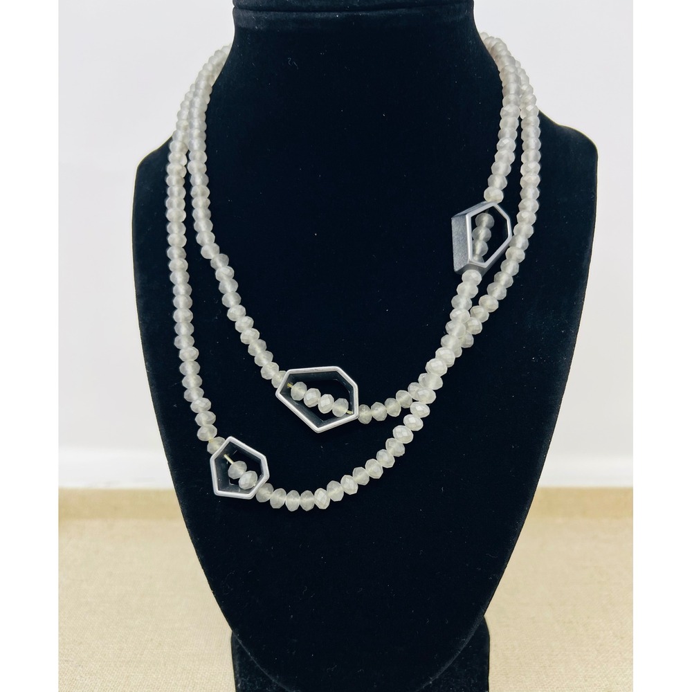 Sweet Lola Gray Frosted Faceted Bead Necklace Gunmetal Hexagon Geometric Long